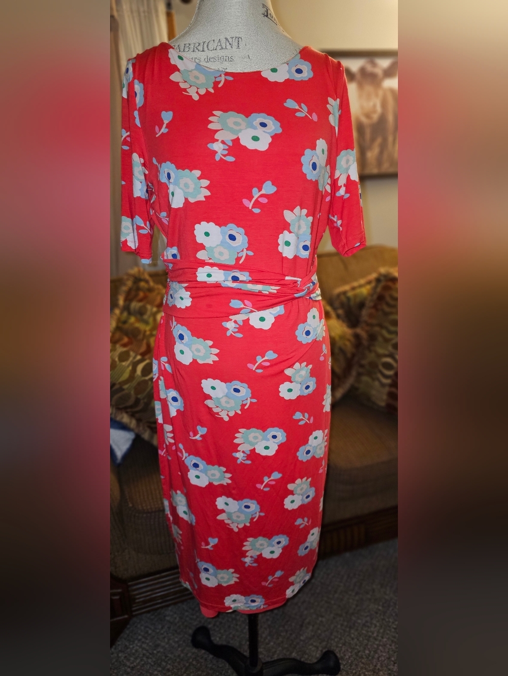 Boden Coral Floral Tie-Waist Midi Dress
